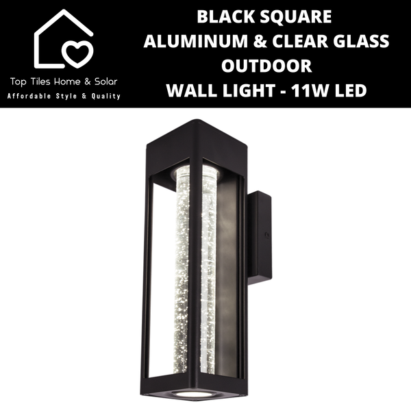 Black Square Aluminum & Clear Glass Outdoor Wall Light - 11W LED