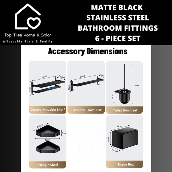 Matte Black Stainless Steel Bathroom Fittings - 6 Piece Set