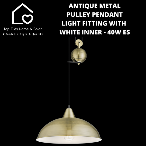 Antique Metal Pulley Pendant Light Fitting with White Inner - 40W ES