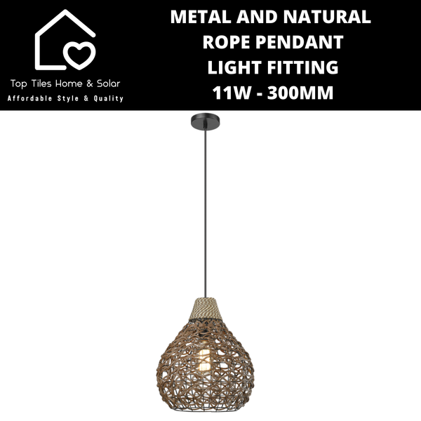 Metal and Natural Rope Pendant Light Fitting - 11W - 300mm