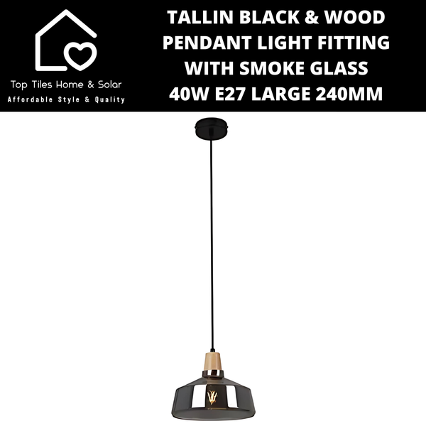 Tallin Black Wood Pendant Light Fitting with Smoke Glass - 40W E27 240mm