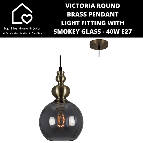 Victoria Round Brass Pendant Light Fitting with Smokey Glass - 40W E27
