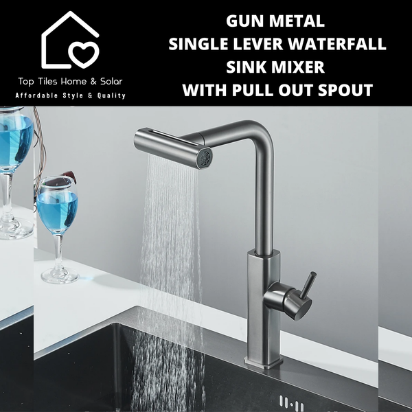 Gun Metal Lever Waterfall Sink Mixer With Pull Out Spout