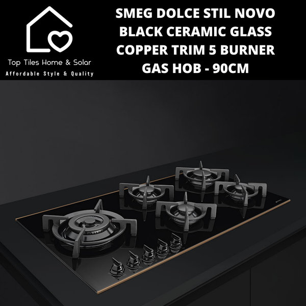 Smeg Dolce Stil Novo Black Ceramic Glass Copper Trim 5 Burner Gas Hob - 90cm