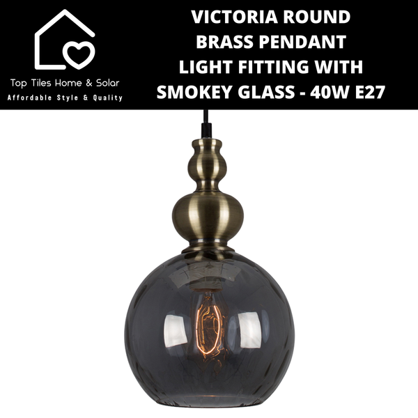 Victoria Round Brass Pendant Light Fitting with Smokey Glass - 40W E27