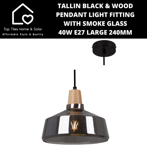 Tallin Black Wood Pendant Light Fitting with Smoke Glass - 40W E27 240mm