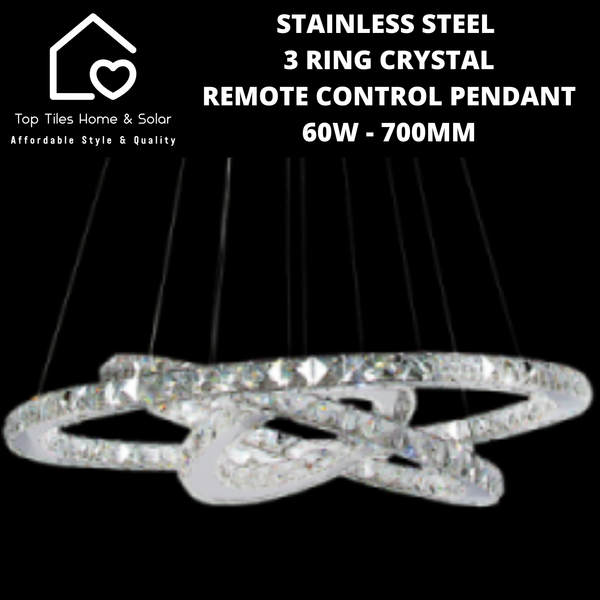 Stainless Steel 3 Ring Crystal Remote Control Pendant  - 60W - 700mm