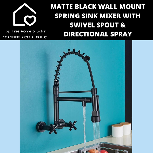 Matte Black Wall Mount Spring Sink Mixer with Swivel Spout & Directional Spray