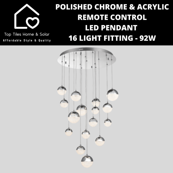 Polished Chrome & Acrylic Remote Control LED Pendant 16 Light Fitting - 92W