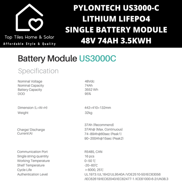 Pylontech US3000-C Lithium LiFePo4 Single Solar Battery Module - 48V 74Ah 3.5kWh