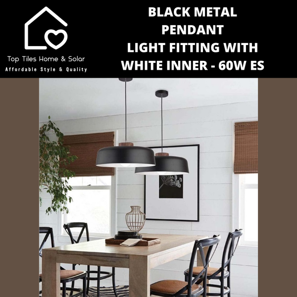Black Metal Pendant Light Fitting with White Inner - 60W ES