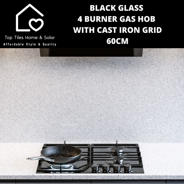 Black Glass 4 Burner Gas Hob with Cast Iron Grid - 60cm