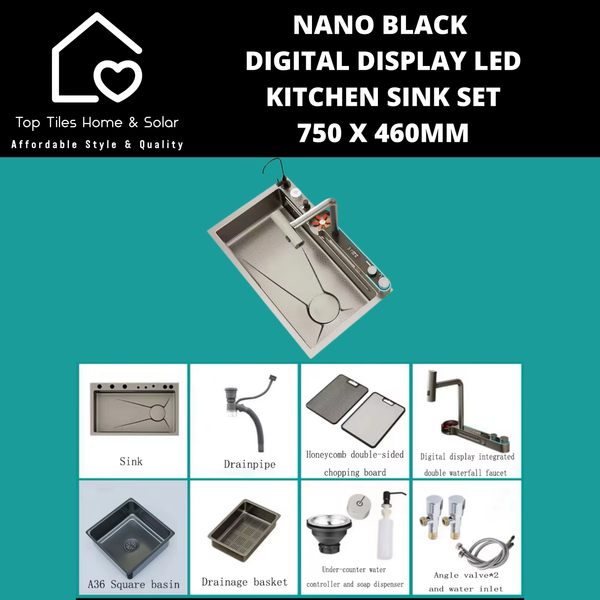 Nano Black Digital Display LED Kitchen Sink Set - 750 x 460mm