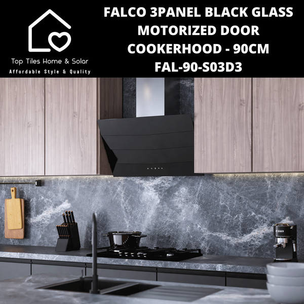 Falco 3Panel Black Glass Motorized Door Cookerhood - 90cm FAL-90-S03D3