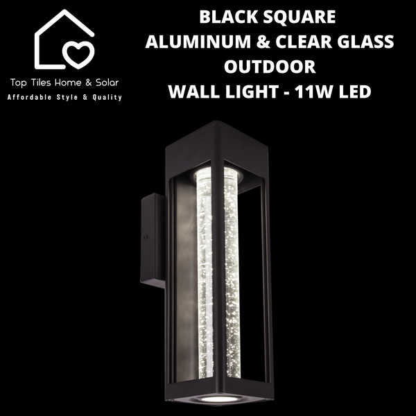 Black Square Aluminum & Clear Glass Outdoor Wall Light - 11W LED