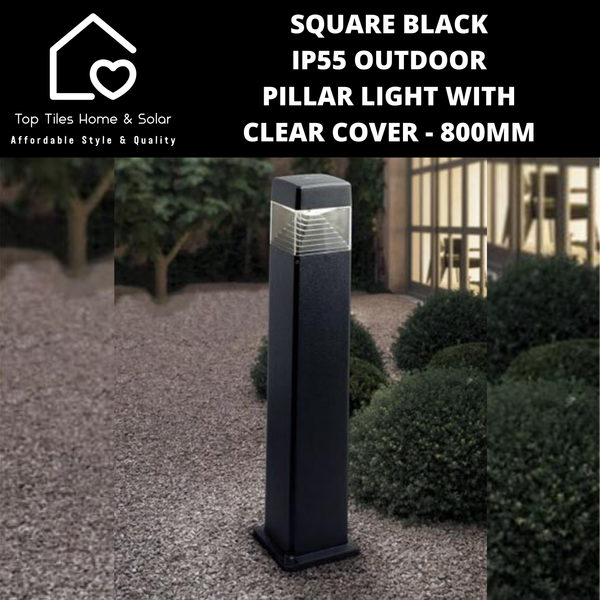 Square Black IP55 Outdoor Pillar Light with Clear Cover - 800mm