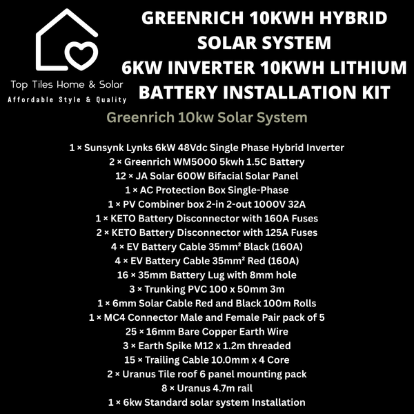 Greenrich 10kWh Hybrid Solar System - 6kw Inverter + 10kwh Lithium Battery + Installation Kit