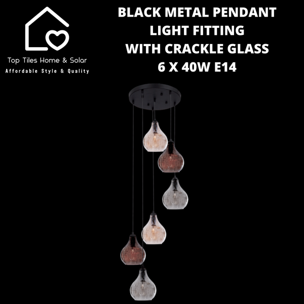 Black Metal Pendant Light Fitting with Crackle Glass - 6 x 40W E14