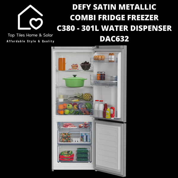 Defy Satin Metallic Combi Fridge Freezer C380 - 301L Water Dispenser DAC632