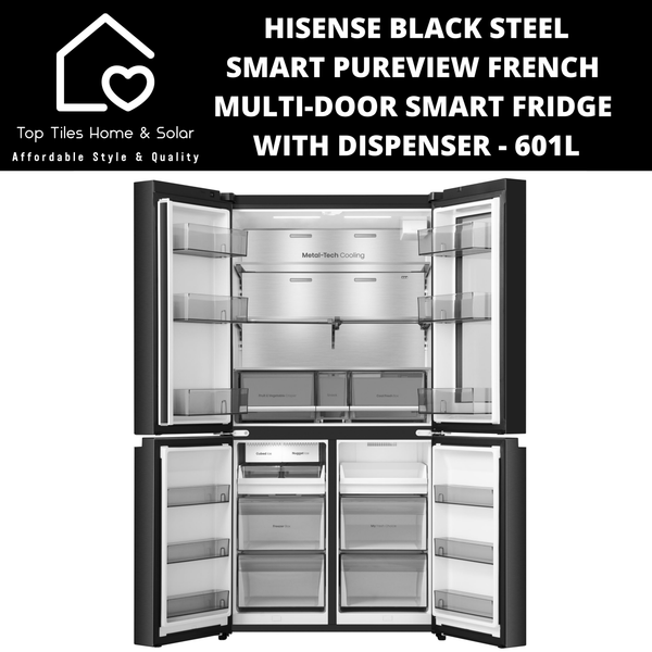 Hisense Premium Black Steel PureView French Multi-Door Smart Fridge with Dispenser - 601L
