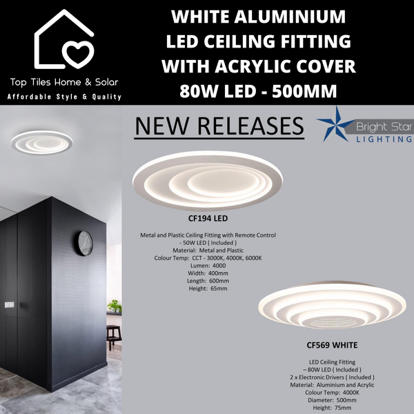 White Aluminium LED Ceiling Fitting with Acrylic Cover - 80W LED - 500mm
