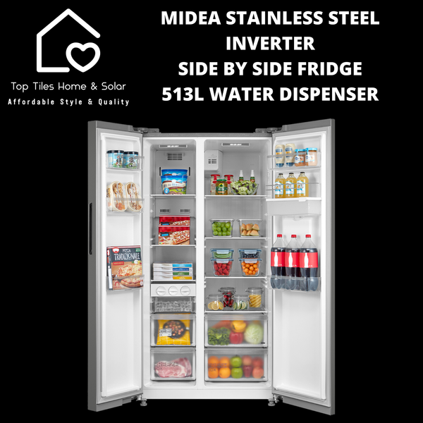 Midea Stainless Steel Inverter Side by Side Fridge - 513L Water Dispenser