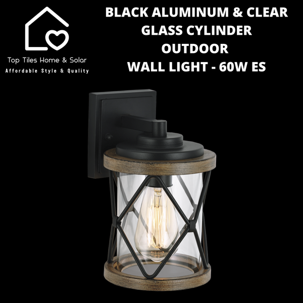 Black Aluminum & Clear Glass Cylinder Outdoor Wall Light - 60W ES