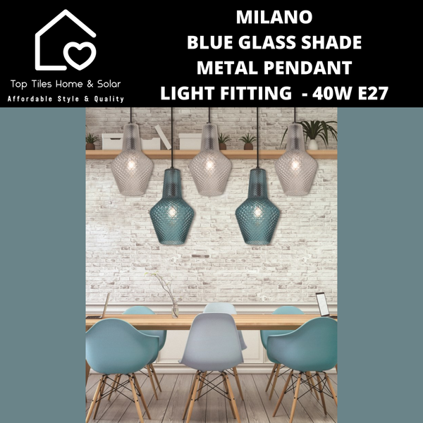 Milano Blue Glass Shade Metal Pendant Light Fitting  - 40W E27 Small
