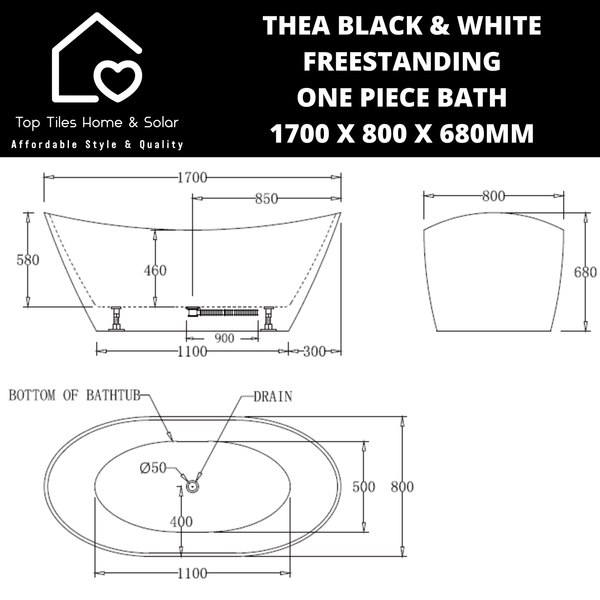 Thea Black & White Freestanding One Piece Bath - 1700 x 800 x 680mm