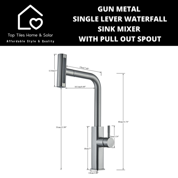 Gun Metal Lever Waterfall Sink Mixer With Pull Out Spout
