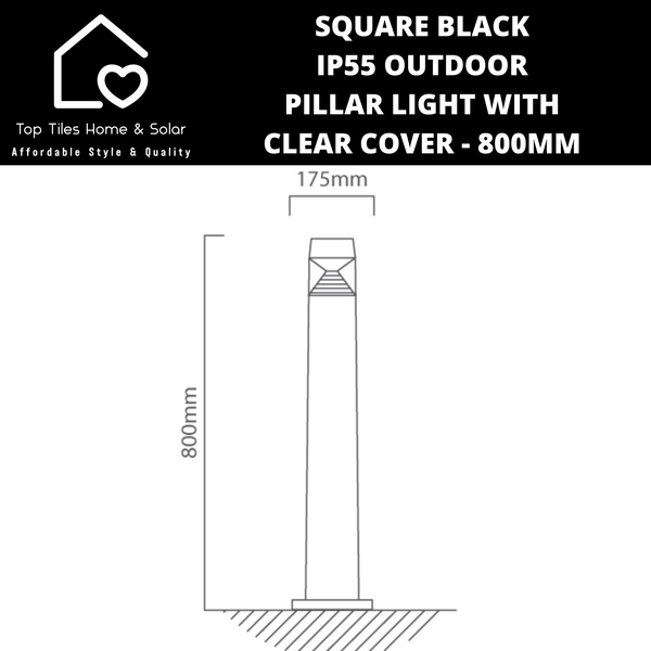 Square Grey IP55 Outdoor Pillar Light with Clear Cover - 800mm