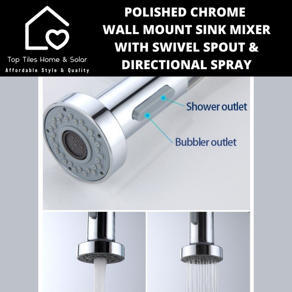 Polished Chrome Wall Mount Sink Mixer with Swivel Spout & Directional Spray