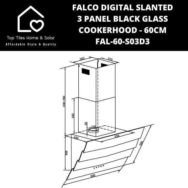 Falco Digital Slanted 3 Panel Black Glass Cookerhood - 60cm FAL-60-S03D3