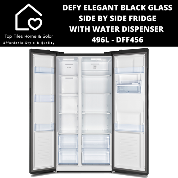 Defy Elegant Black Glass Side by Side Fridge - 496L Water Dispenser DFF456
