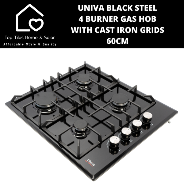 Univa Black Steel 4 Burner Gas Hob with Cast Iron Grids - 60cm