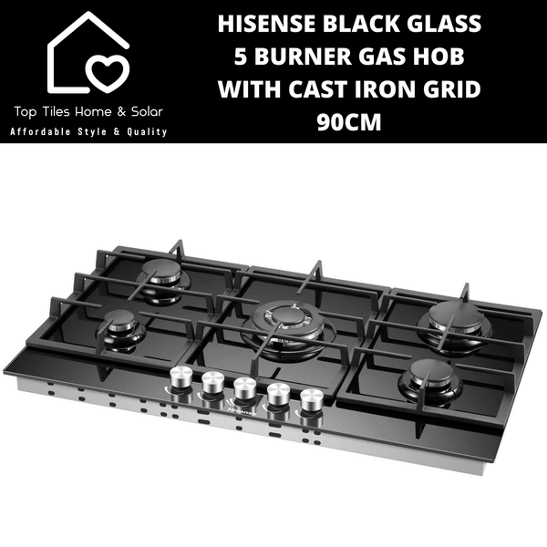 Hisense Black Glass 5 Burner Gas Hob with Cast Iron Grid - 90cm