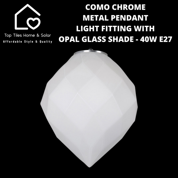 Como Chrome Metal Pendant Light Fitting with Opal Glass Shade - 40W E27