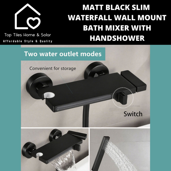 Matt Black Slim Waterfall Wall Mount Bath Mixer With Handshower