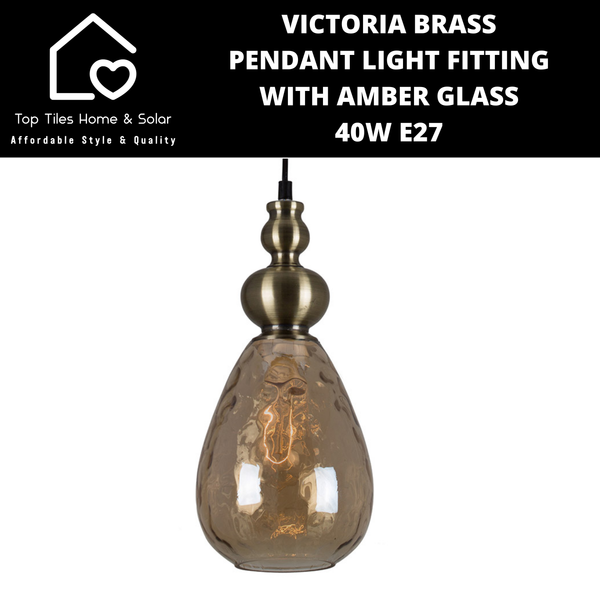 Victoria Brass Pendant Light Fitting with Amber Glass - 40W E27