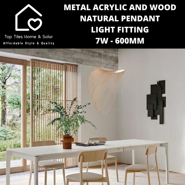 Metal Acrylic and Wood Natural Pendant Light Fitting - 7W - 600mm