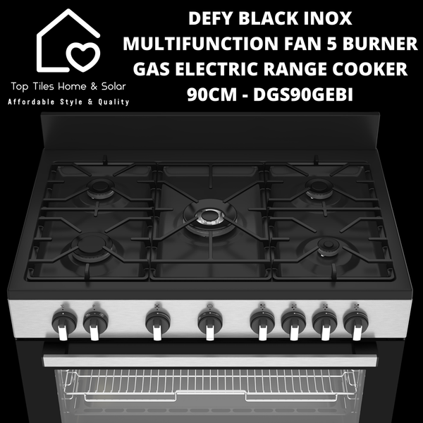 Defy Black Inox Multifunction Fan 5 Burner Gas Electric Range Cooker - 90cm DGS90GEBI