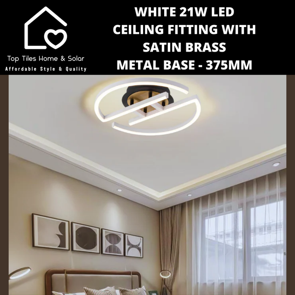 White 21W LED Ceiling Fitting with Satin Brass Metal Base - 375mm