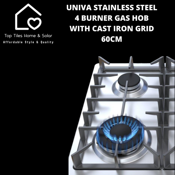 Univa Stainless Steel 4 Burner Gas Hob with Cast Iron Grid - 60cm
