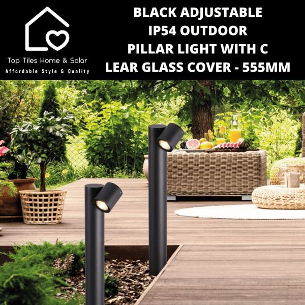 Black Adjustable IP54 Outdoor Pillar Light with Clear Glass Cover - 555mm