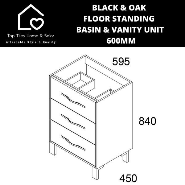 Black & Oak Floor Standing Vanity & White Basin -  600mm