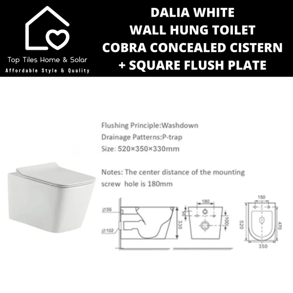 Dalia White Wall Hung Toilet With Cobra Concealed Cistern & Square Flush Plate