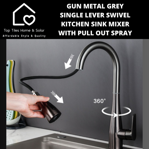 Gun Metal Grey Single Lever Swivel Kitchen Sink Mixer with Pull Out Spray