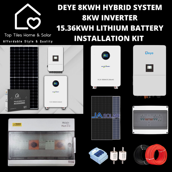 Deye 8kWh Hybrid Solar System - 8kw Inverter + 15.36kwh Lithium Battery + Installation Kit