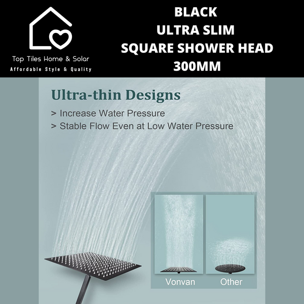 Black Ultra Slim Square Shower Head - 300mm