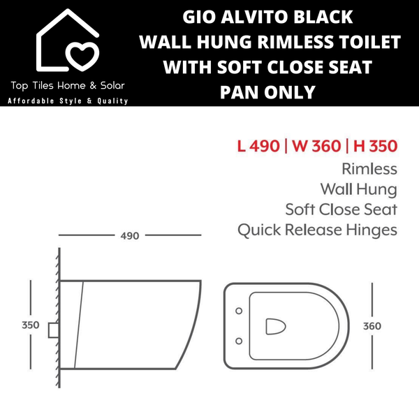 Gio Alvito Black Wall Hung Rimless Toilet with Soft Close Seat  - Pan Only
